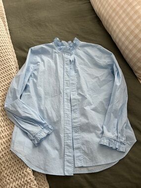Zara Pastel Blue Ruffle-Neck Button Shirt